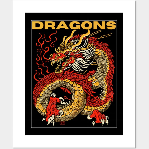 Ember Dance: The Asian Dragon's Fiery Movement Wall Art by Teeeshirt